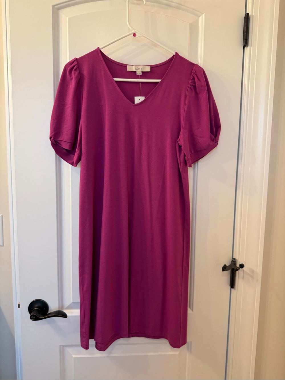 LOFT Magenta V-Neck Puff-Sleeve Midi Dress